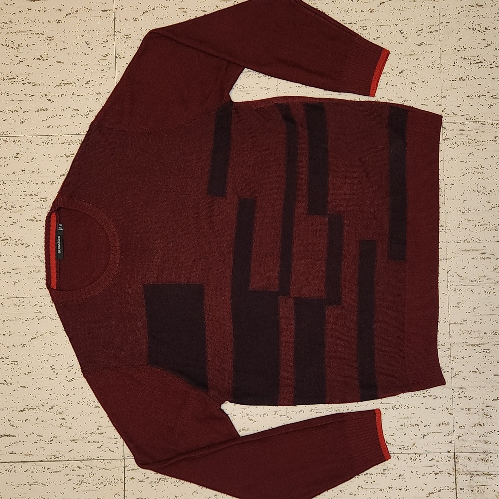 Bugatchi Burgendy & Black Block Pattern Wool Knit Pullover Crewneck Sweater